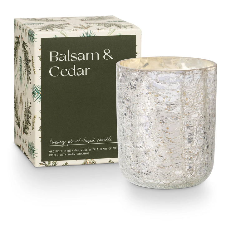 small boxed winter crackle glass candles -  woodfire or balsam & cedar