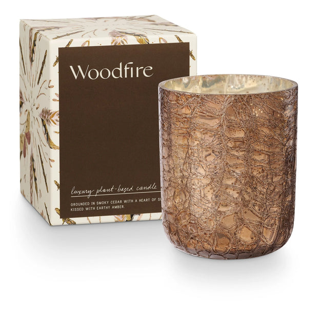 small winter crackle glass candles - boxed or unboxed, woodfire or balsam & cedar