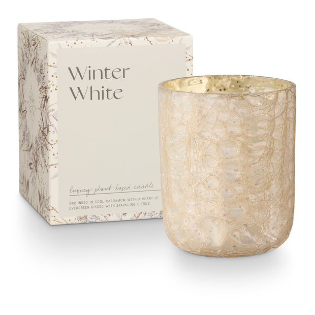 small boxed winter crackle glass candles -  woodfire or balsam & cedar