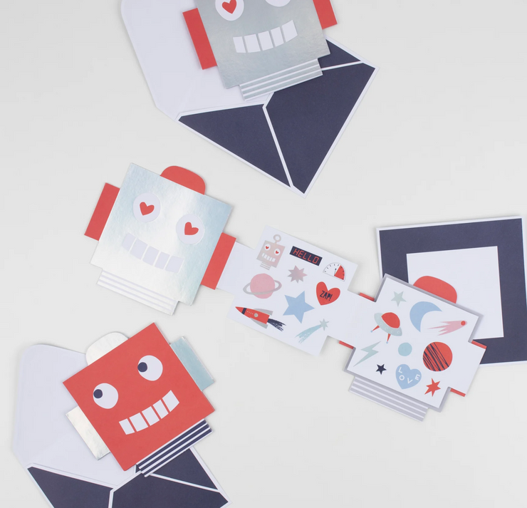 robot concertina valentine cards & stickers - set of 12