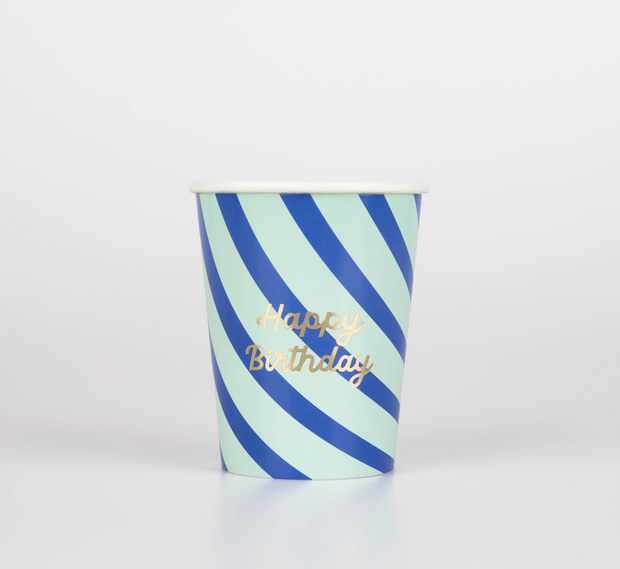stripe happy birthday cups - set of 8