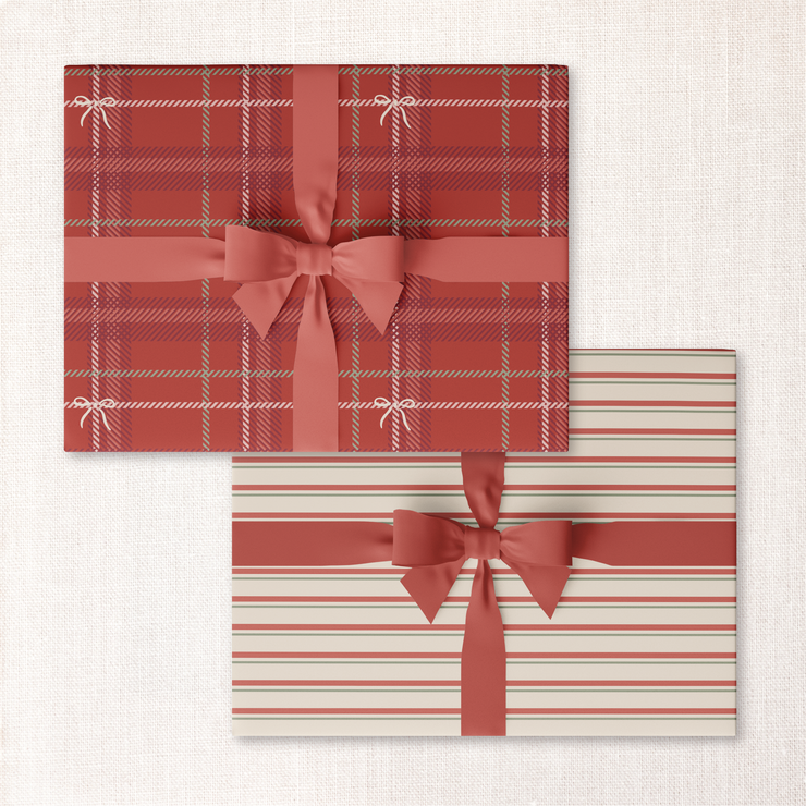 bow tartan + christmas stripe double-sided wrap sheet