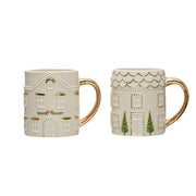 hand-painted stoneware holiday house mug with gold details