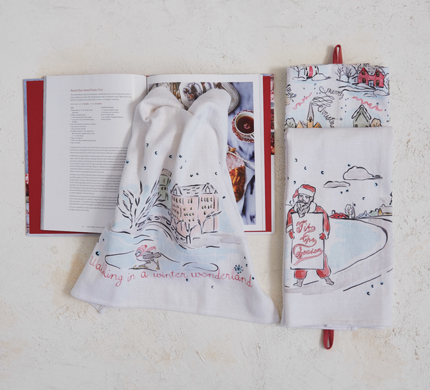 cotton printed tea towel w/ holiday motif