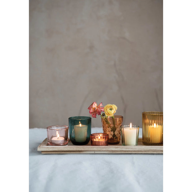 glass votive holders with wood tray