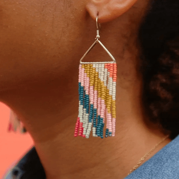 coral + peacock + ivory multi-stripe angles earring