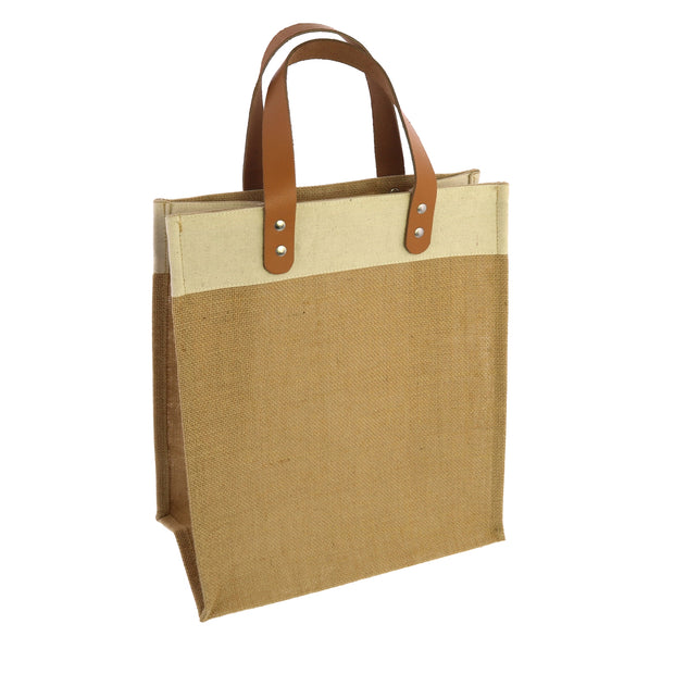 uptown tote with leather handles - jute and canvas
