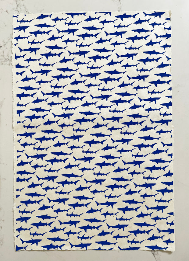 shark - royal blue on cream wrapping paper sheet