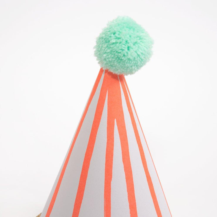 stripe pompom large party hats - set of 8