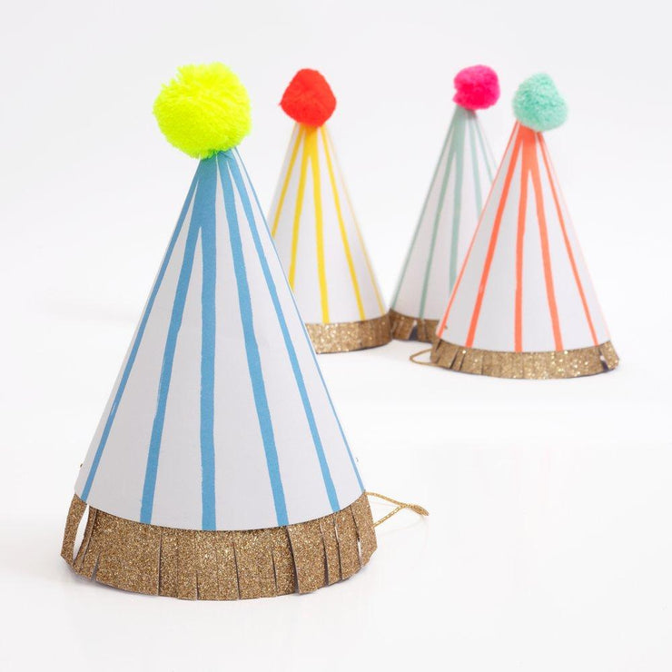 stripe pompom large party hats - set of 8