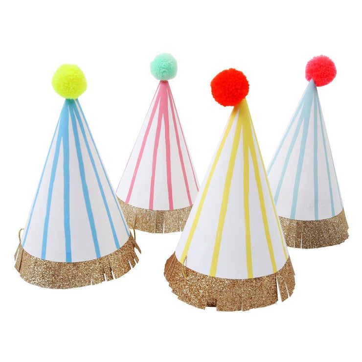 stripe pompom large party hats - set of 8