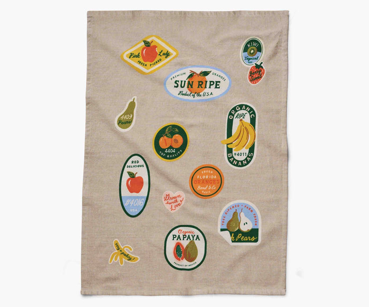 fruit stickers tea towel